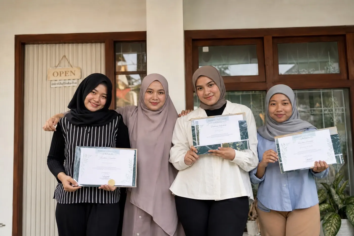 Lulusan Laraswara Academy bersama sertifikat di depan academy