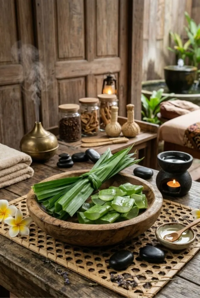 Ritual wellness Nusantara — aloe, pandan, batu pijat, dan bahan alami