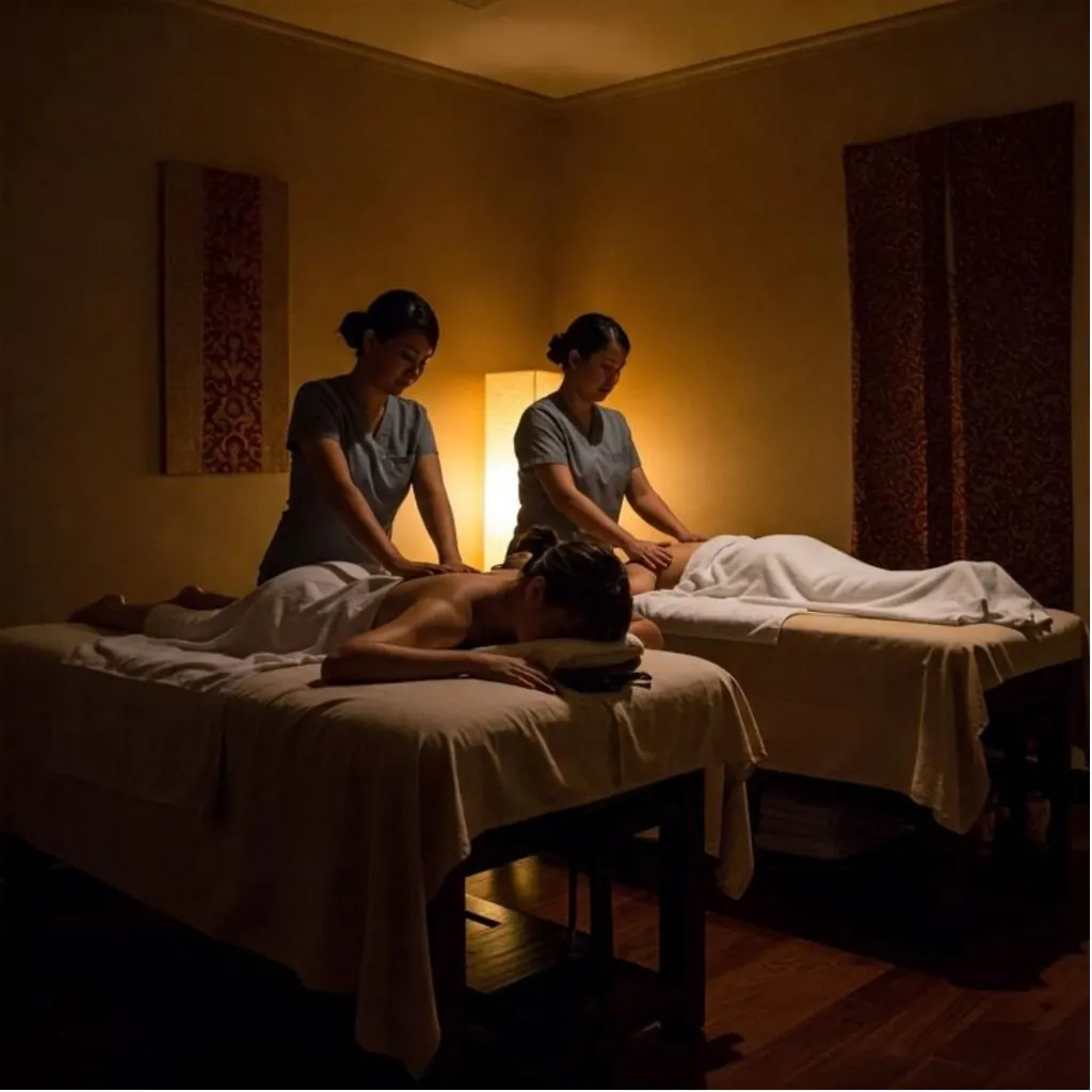 Dua terapis spa memberikan treatment punggung di ruang perawatan yang tenang